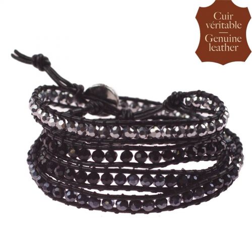 Bracelet 3-4 tour cuir à cristal tressé Noir-Gris Black (Black, Blue, Silver) - 9423-26612