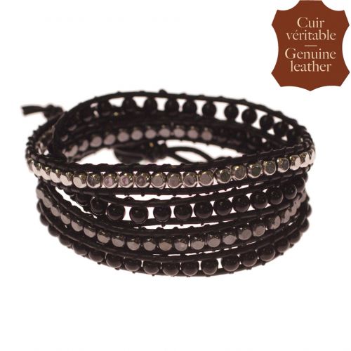 Bracelet Perles filés sur cordons en cuir 5218 JAUNE Black (Black, Grey, Silver) - 9424-26653