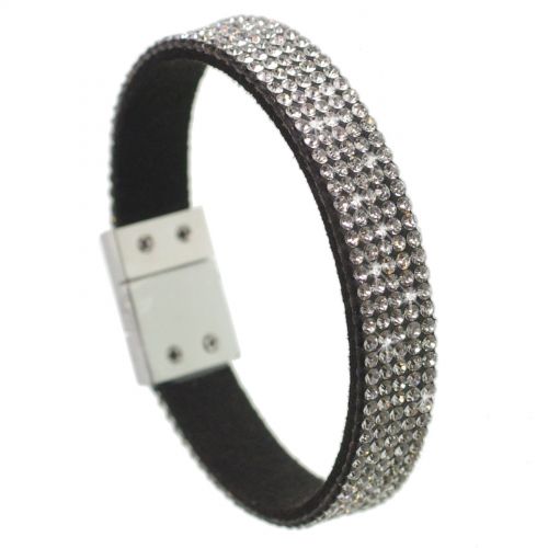 Bracelet similicuir 5 rangs de strass zirconium, 7001 Noir Black (White) - 7001-28029