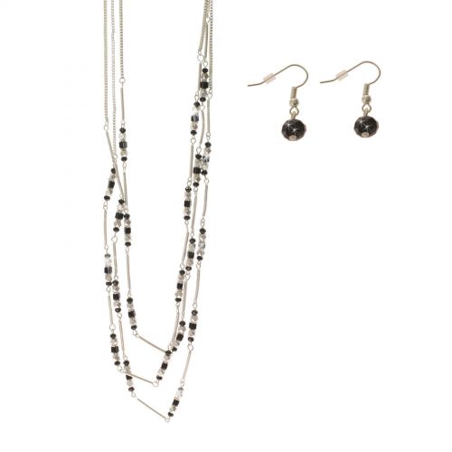 Collier strass avec boucles d'oreilles, 8528 Argenté Blanc-noir - 9682-28805