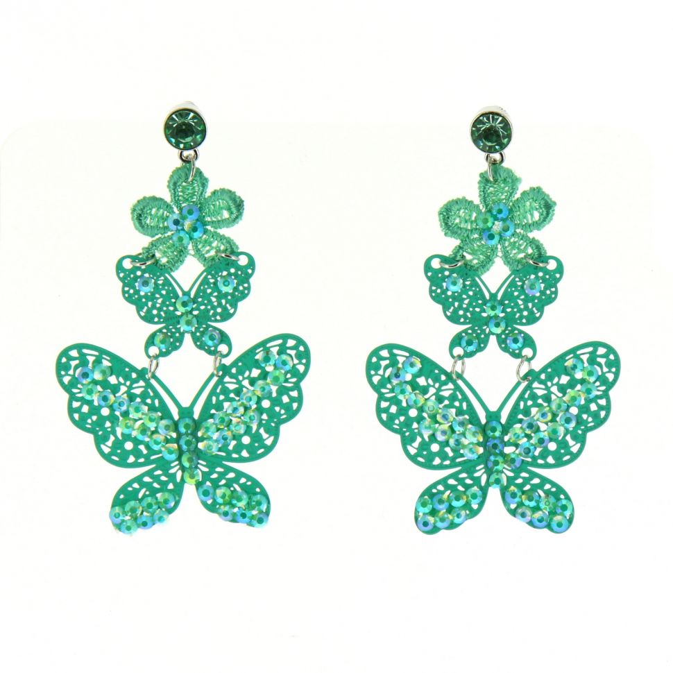 Boucles d'oreilles dentelles Papillon strass, 8013 Rose Vert - 8015-34216