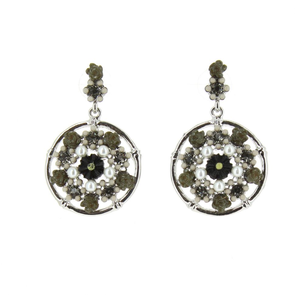 Boucles d'oreilles, fleurs à perles, noir-argent Noir-argent - 3223-37962