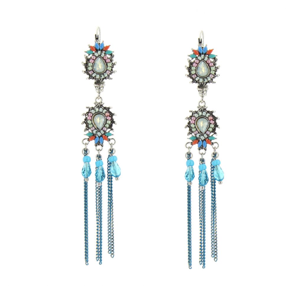 Boucles d'oreilles pendants à perles et strass, 9108 Doré Bleu - 10630-40634