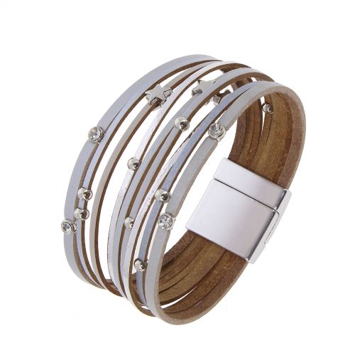 Bracelet manchette multirangs cuir et étoiles, NABI