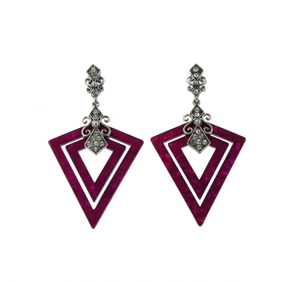 Boucles d'oreilles acrylique Triangle et Strass, Violet